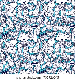Graffiti seamless pattern with girlish style doodles. Vector background with childish girl power crazy elements. Trendy linear style collage with bizarre street art icons.