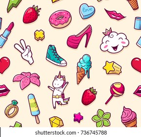 Graffiti seamless pattern with girlish style doodles. Vector background with childish girl power crazy elements. Trendy linear style collage for kids with bizarre icons.