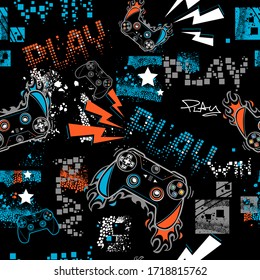 Graffiti seamless pattern with joystick sign.  Gamer elements for boy t shirt design. Repeat print with gamepad sign, fire track, lightning, stars, squares.