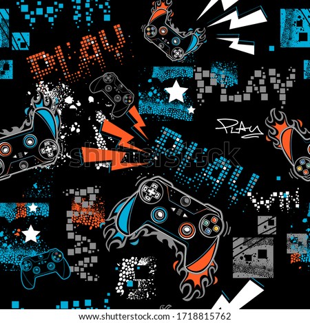 Graffiti seamless pattern with joystick sign.  Gamer elements for boy t shirt design. Repeat print with gamepad sign, fire track, lightning, stars, squares.