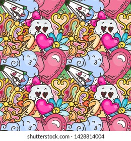 Graffiti seamless pattern with love style doodles. Vector background with childish swag and crazy elements. Trendy linear style endless image