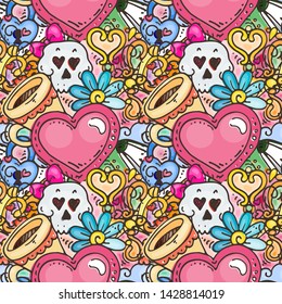 Graffiti seamless pattern with love style doodles. Vector background with childish swag and crazy elements. Trendy linear style endless image