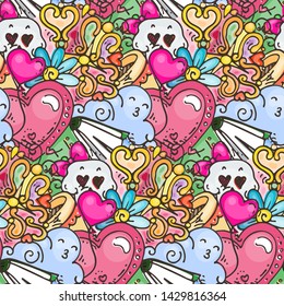 Graffiti seamless pattern with love style doodles. Vector background with childish swag and crazy elements. Trendy linear style endless image