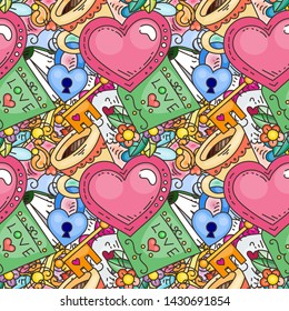 Graffiti seamless pattern with love style doodles. Vector background with childish swag and crazy elements. Trendy linear style endless image