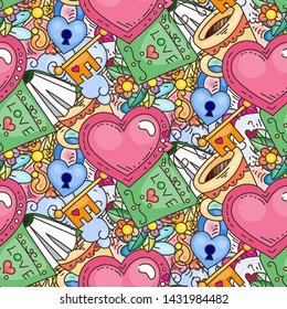Graffiti seamless pattern with love style doodles. Vector background with childish swag and crazy elements. Trendy linear style endless image
