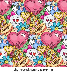 Graffiti seamless pattern with love style doodles. Vector background with childish swag and crazy elements. Trendy linear style endless image