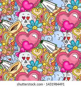 Graffiti seamless pattern with love style doodles. Vector background with childish swag and crazy elements. Trendy linear style endless image