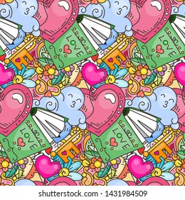 Graffiti seamless pattern with love style doodles. Vector background with childish swag and crazy elements. Trendy linear style endless image