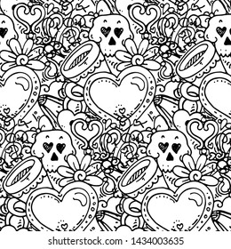 Graffiti seamless pattern with love style doodles. Vector background with childish swag and crazy elements. Trendy coloring linear style endless image