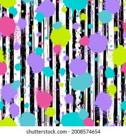 Graffiti seamless pattern. Repeating paint splatter pattern. Background abstract color splash. Grunge ink hand drawn texture. Spray spatter blot. Repeated brush stroke for design prints. Vector
