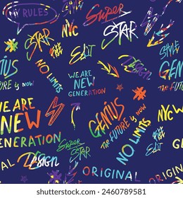 motif harmonieux de graffiti avec slogan, mots. arrière-plan pour textyle, feuilles graphiques, vêtements pour enfants. Fond d'écran pour adolescent. Mode