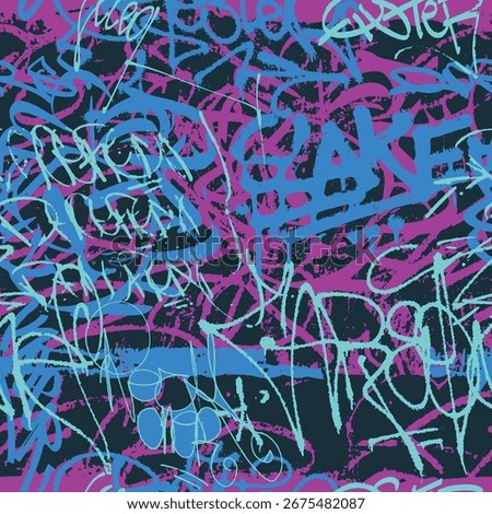 Graffiti seamless pattern with street art tag. Hip hop culture wallpaper. Calligraphic words, scuffed and sprays grunge urban texture. Fashionable design background in neon fluorescent colors. Vector