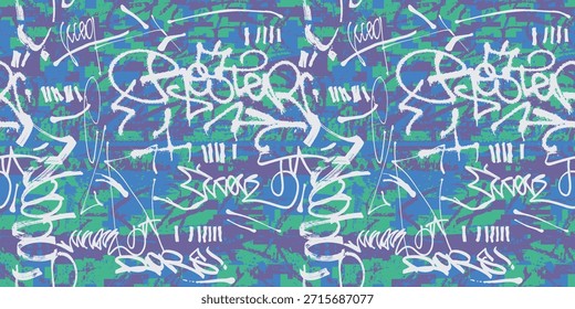 Graffiti sin patrón con etiquetas y letras. Textura dibujada a mano de moda, estilo de arte callejero, diseño de la vieja escuela para la camiseta. Estampado textil juvenil. Fondo urbano grunge azul y verde con inscr