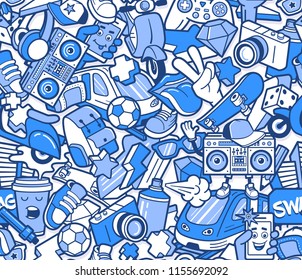 Graffiti seamless pattern with urban lifestyle line icons. Crazy doodle abstract vector background. Trendy linear style collage with bizarre street art elements.