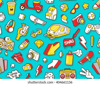 Graffiti seamless pattern with urban lifestyle line icons. Crazy doodle abstract vector background. Trendy linear style collage with bizarre street art elements.