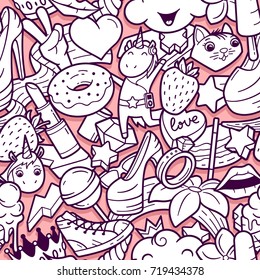 Graffiti seamless pattern with urban lifestyle line icons. Crazy doodle abstract vector background. Trendy outline style collage with bizarre street art elements. Adult coloring book design template