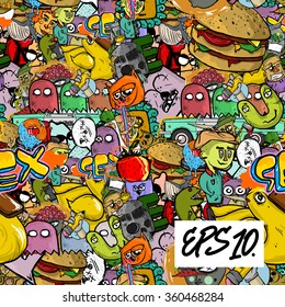 Graffiti seamless texture with funny doodle illustration. comic background. Pattern sticker bombing.