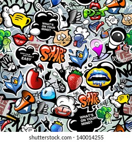 Graffiti seamless texture with social media signs and other shiny icons. Vector