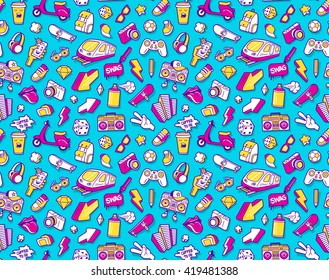 Graffiti seamless vector pattern with urban lifestyle line icons. Crazy doodle abstract background. Trendy linear style collage with bizarre street art elements.