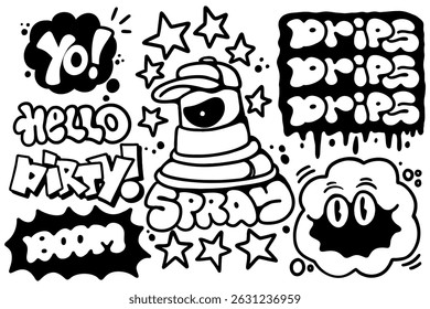 Graffiti set with spray paint effects featuring bold urban lettering, dynamic tags, and authentic street art styles on white background. Ideal for street culture, music, and creative projects.