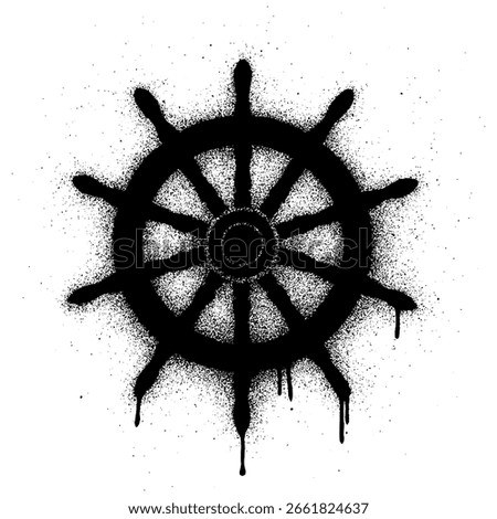Graffiti Ship Wheel Stencil with Black Spray Paint and Dripping Effect.