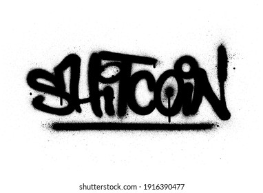 graffiti shitcoin word sprayed in black over white