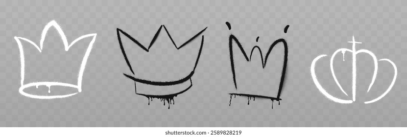 Graffiti sketch crown collection in black and white with dripping paint effect. Hand drawn royal symbols in street art style for urban design elements. Raw artistic grunge spray paint shapes.