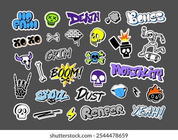 Graffiti skull stickers. Street art decals with skulls and bones, rebellious pop punk tattoo and hand drawn extreme urban style vector illustrations set.