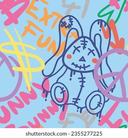 Graffiti Slogan Extra Fun, Funny Bunny Seamless Pattern in Blue Colors. Urban typography print with Teddy Rabbit. Abstract graphic underground unisex design for t-shirts and sweatshirt for teenagers. 