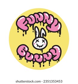 Graffiti Eslogan Divertida muñeca Bunny con Conejo Blanco al estilo de arte callejero. Letras de estilo urbano rosado. Ilustración vectorial. Hippie Sticker para camisetas, fondos de escritorio, teléfono para maletas.