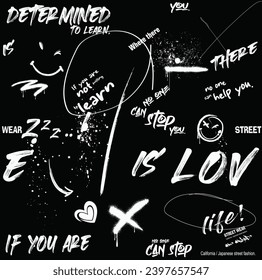 graffiti slogan print, Seamless urban typography hipster street art graffiti wall slogan pattern, pattern graffiti style. Black and white colors.eps