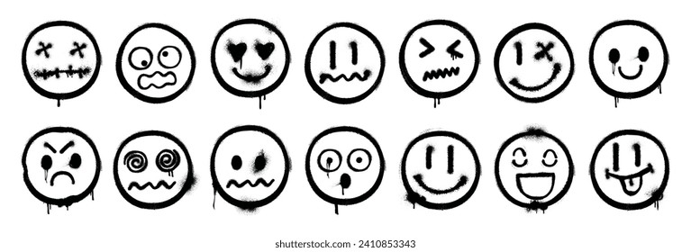 Graffiti smiling faces showing emotion. Vector isolated spray paint emoticons with wet ink leaking, splashes and splatters. Grungy street art expressions, angry and in love, surprised and scared