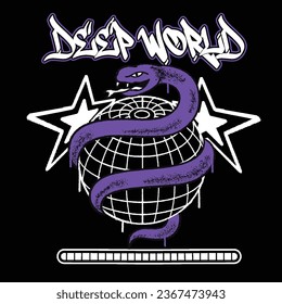 Graffiti snake street wear illustration with slogan deep world