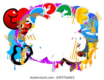 Graffiti speech bubble on colorful background. White abstract modern Messaging sign street art decoration, Discussion icon performed in urban painting style.