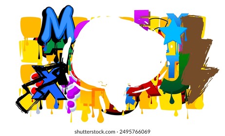 Graffiti speech bubble on colorful background. White abstract modern Messaging sign street art decoration, Discussion icon performed in urban painting style.