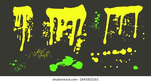 Graffiti splash set. Grunge colorful graffiti sprays and drips. Paint spots and blob shapes. Collage blot collage bright colors element. Silhouette of smeared liquid. Hand drawn vector illustration.
