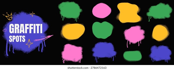 Graffiti spot set with spray paint drip on balck background. Colorful graffiti patches in green, blue and pink for street art. Bold grainy urban vector splotch set for merch and social media posts.