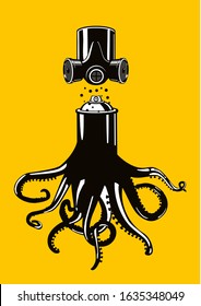 Graffiti spray can with octopus tentacles. Vector poster with spraycan. Tshirt apparel print. Art background.