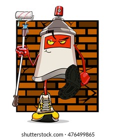 graffiti spray can and a paint roller against a brick wall