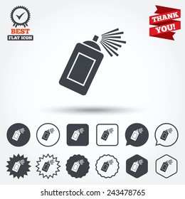 Graffiti spray can sign icon. Aerosol paint symbol. Circle, star, speech bubble and square buttons. Award medal with check mark. Thank you ribbon. Vector