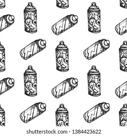 Graffiti spray can vector doodle seamless pattern isolated on white. Aerosol paint in a tank. Hand drawn illustration