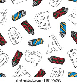 Graffiti spray can vector doodle seamless pattern. Aerosol paint in a tank. 3D letters. Hand drawn illustration for poster, t-shirt, textile