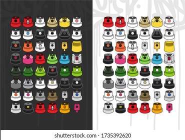 Graffiti Spray Caps Assorted Set. Isolated Vector Illustration.