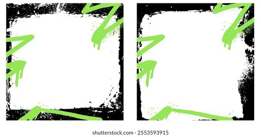 Graffiti spray element on grunge frame set with brush strokes and vector paint. Rough texture and black ink border with hand drawn outline.