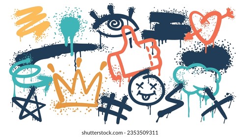 Graffiti Spray Elements, Eye, Strokes, Thumb Up and Heart. Crown, Star and Smiling Face. Hashtag and Cross, Vector