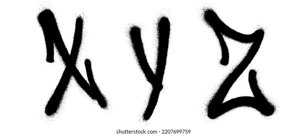 Graffiti spray font alphabet with a spray in black over white. Vector illustration. Part 7