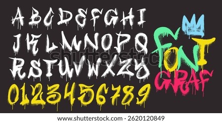 Graffiti spray font drops streaks. Vector alphabet and numbers with a spray in black over white. Grunge spray graffiti font. Sprayed ABC letter drops. Street art, design. Vector illustration.