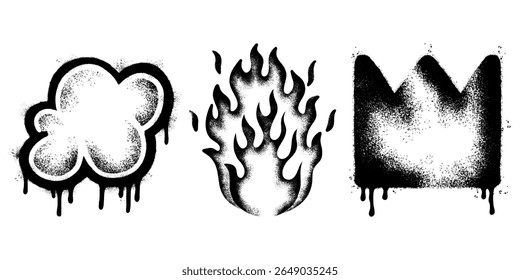 Graffiti Spray Icons Collection. Cloud, Flame, Crown in Black and White Street Art Style