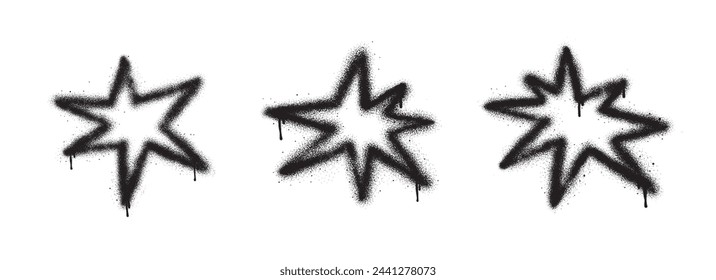 Graffiti spray filtrando estrella aislado sobre fondo blanco. Grafiti grunge pintado estrella, salpicaduras sucias de trazos de arte callejero. Conjunto de ilustración vectorial de líneas negras con textura. 