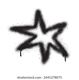 Graffiti spray filtrando estrella aislado sobre fondo blanco. Grafiti grunge pintado estrella, salpicaduras sucias de trazos de arte callejero. Conjunto de ilustración vectorial de líneas negras con textura. 